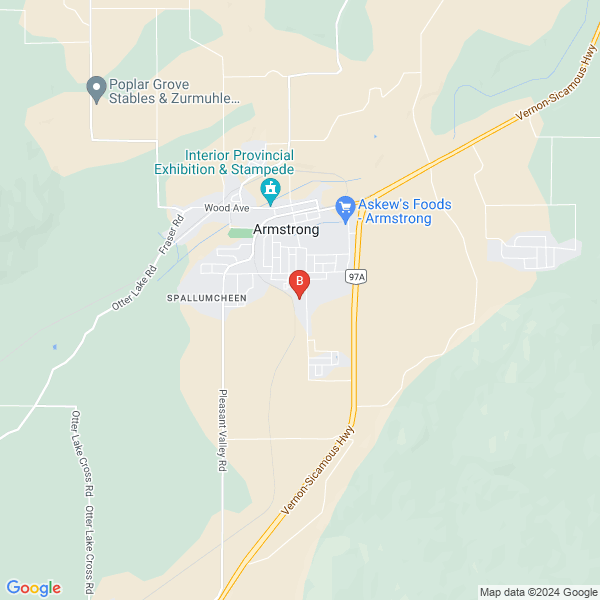 Armstrong House Bed and Breakfast location map: 2485 Okanagan St, Armstrong, BC